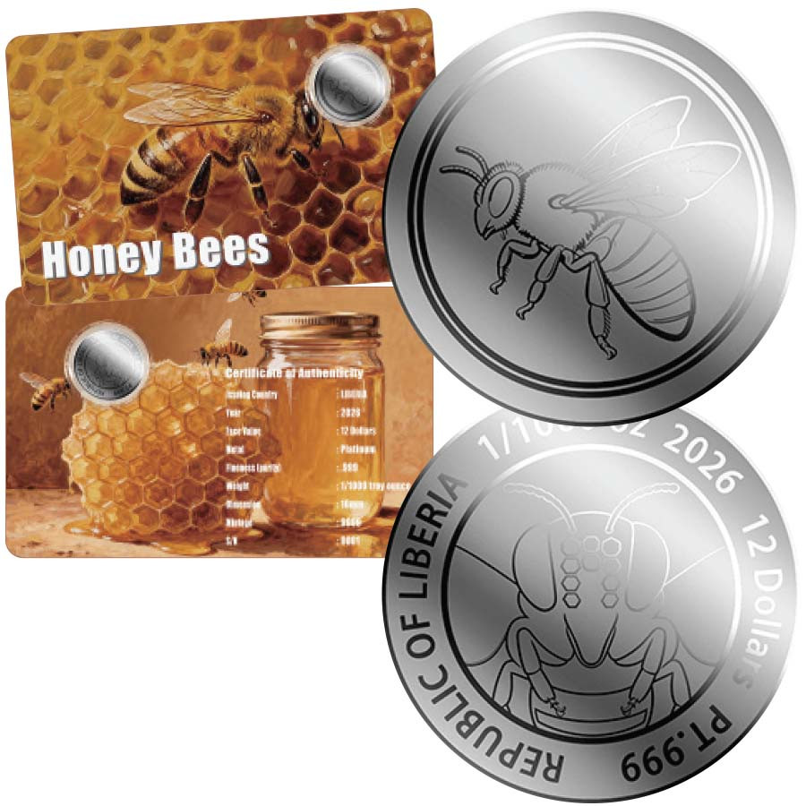 Liberia 2026 Honey Bees 1/1,1000th Oz. Platinum $12 Coin