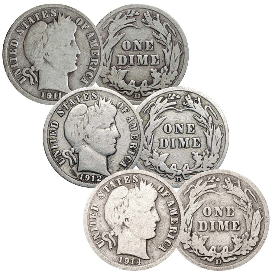 1911-D, 1912-D & 1914-D Barber Silver Dime Trio Good