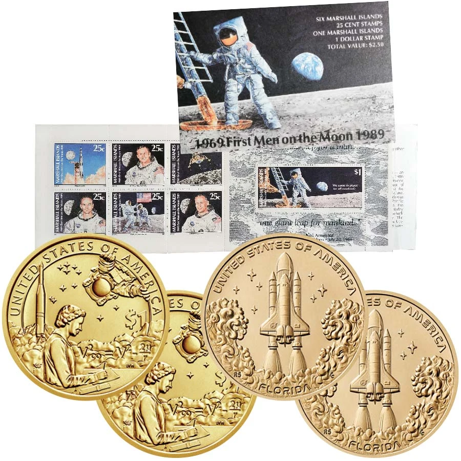 Man on the Moon Stamps & Four Small Dollars