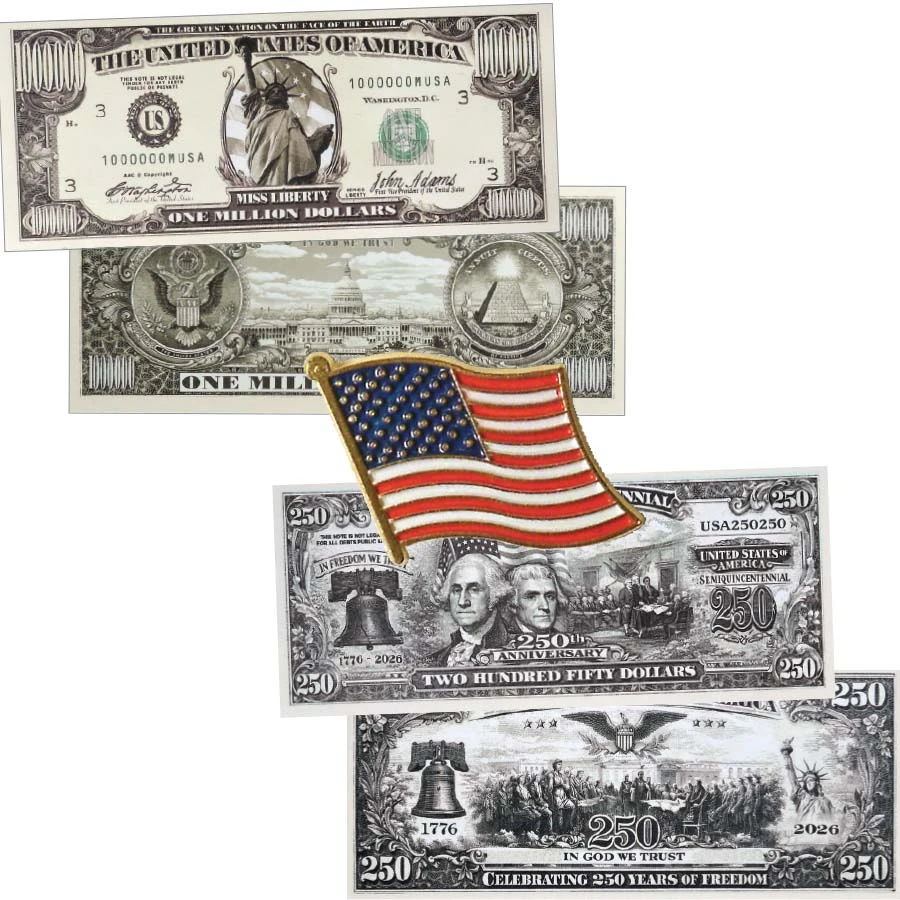 Fantasy Million Dollar Note & Semiquincentennial Novelty $250 Note with FREE American Flag Pin