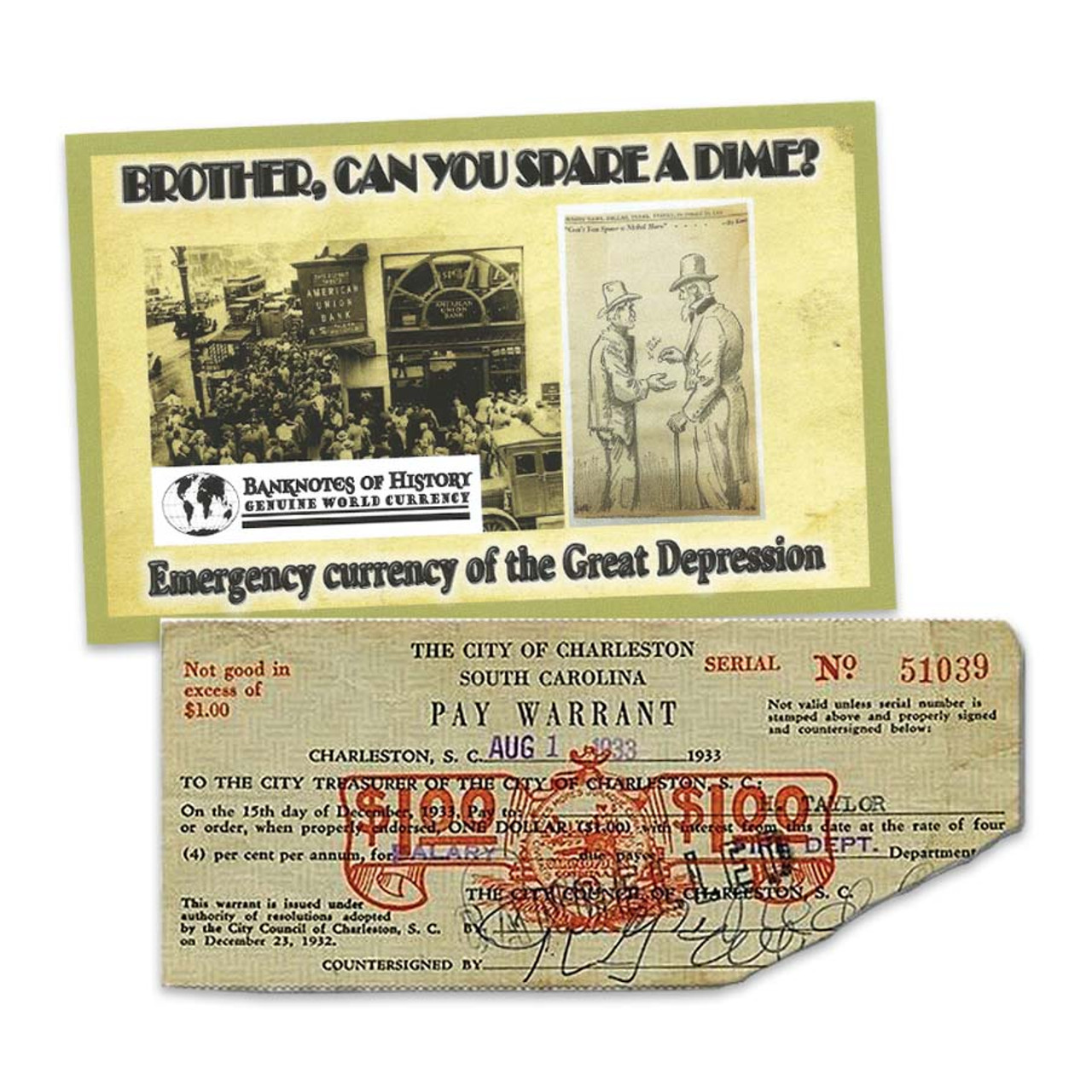 Great Depression Emergency Currency $1 Pay Warrant
