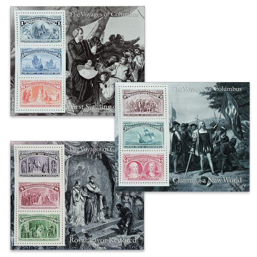 1992 Voyages of Columbus 3 Sheet Souvenir Stamp Set