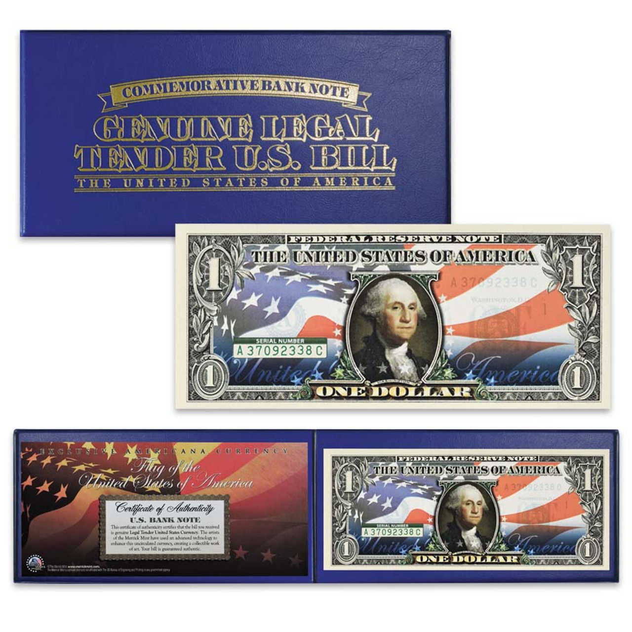 U.S. $1 Colorized American Flag Genuine Banknote