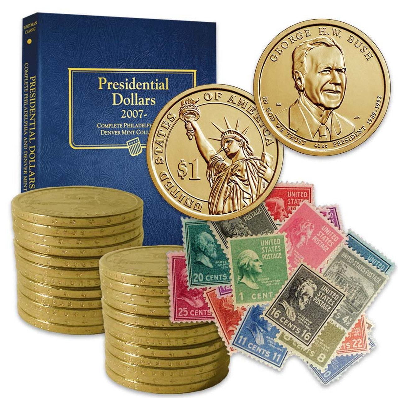 2007-2020 P & D Presidential Dollar 80-Coin Set in Album with FREE 1938 Presidential Portraits Stamps