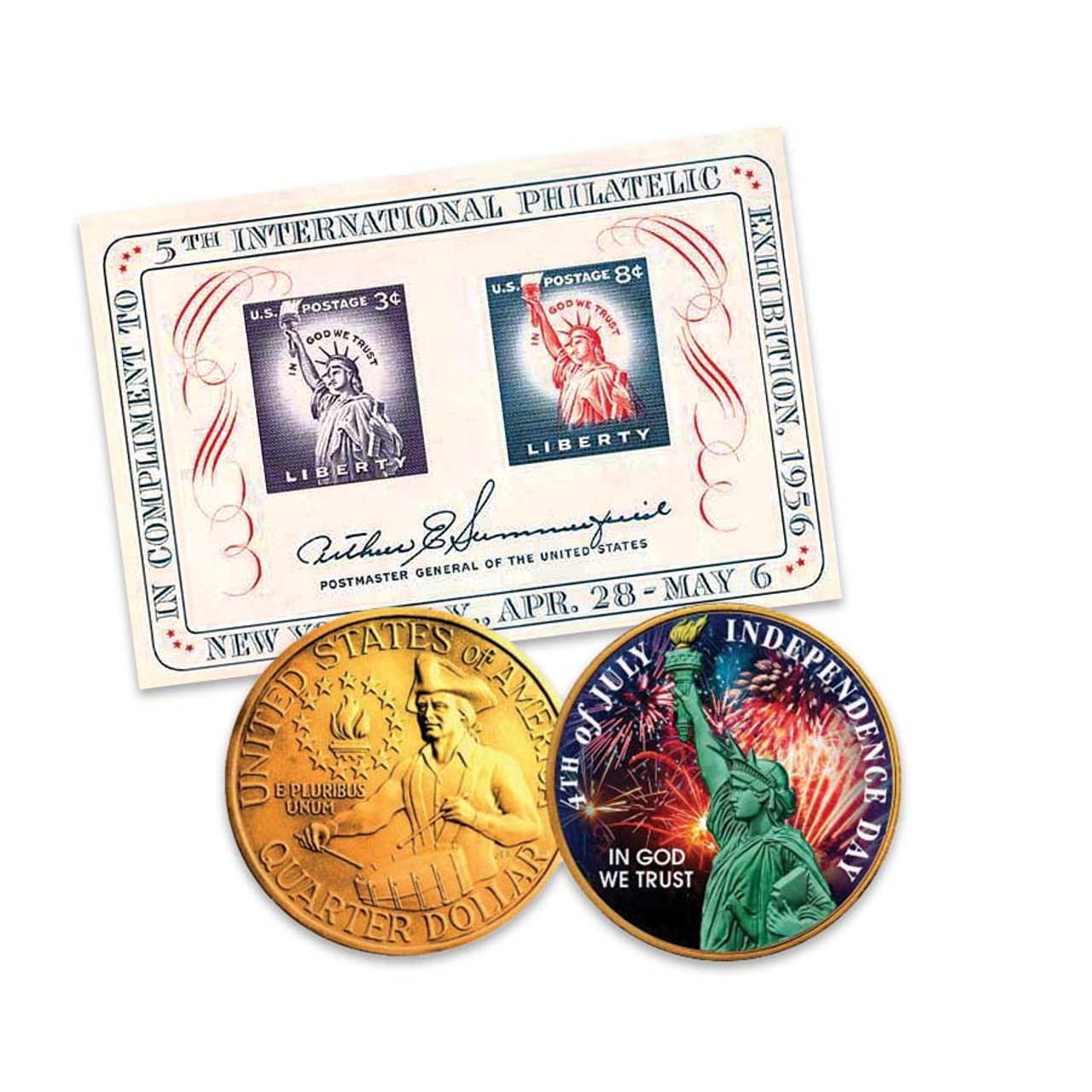 Colorized & Gold Plated 1976 Bicentennial Quarter with FREE 1956 Statue of Liberty Souvenir Stamp Sheet