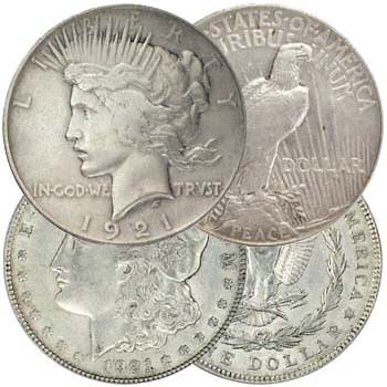 1921 Peace & Morgan Silver Dollars Very Fine