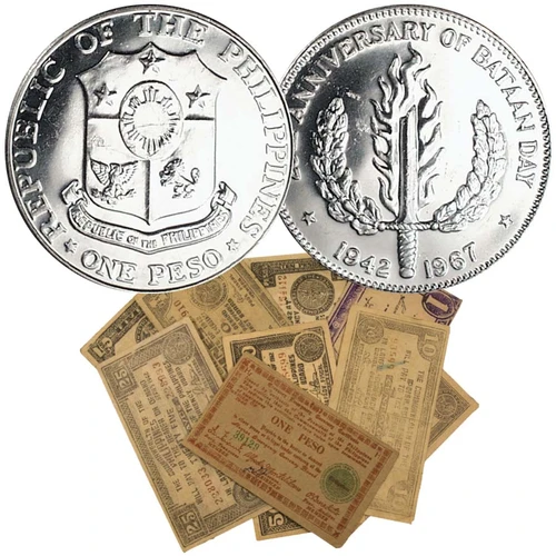 Philipines 1967 Silver Peso & Set of 10 WWII Guerilla Notes Pair