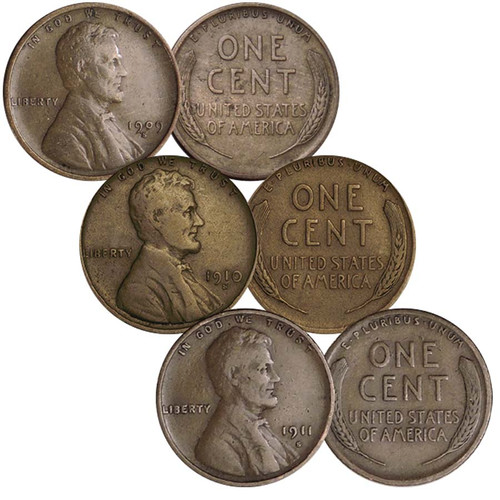 1909-S Plain, 1910-S & 1911-S Lincoln Cent Trio Very Good to Fine