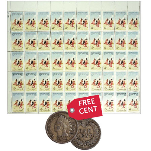 1961 Frederic Remington 4¢ Stamp Mint Sheet & FREE Indian Head Cent