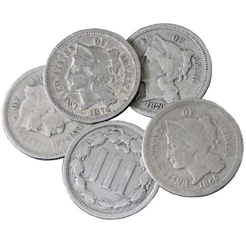 5 Different 1865-1889 Three-Cent Nickels Very Good