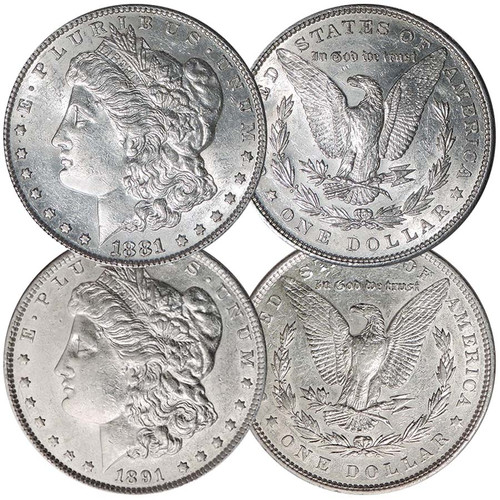 1881 & 1891 Morgan Silver Dollar Pair About Uncirculated