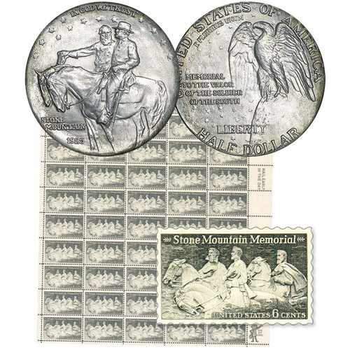 1925 Stone Mountain Silver Half Dollar BU & 1970 Stone Mountain 6 Cent 50 Stamp Mint Sheet