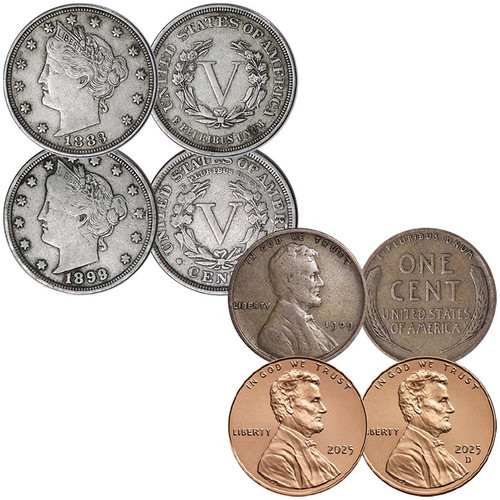 1883 Type I & 1883-1912 Type II Liberty Head Nickels Fine & 1909 VDB Lincoln Cent Fine with 2025 P and D Cents BU