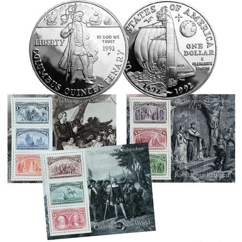 1992 Columbus Silver Dollar Proof & 1992 Voyages of Columbus 3-Sheet Souvenir Stamp Set