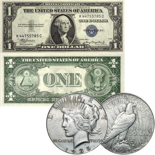 Series 1935 $1 Silver Certificate CU & 1935 Peace Silver Dollar Extra Fine