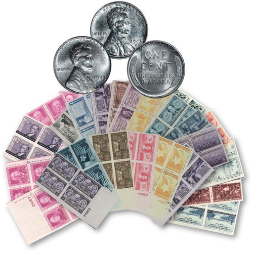 1943 Steel Lincoln Cent Pair & 25 Different Commemorative Stamp Plate Blocks Collection