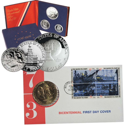 1976 Bicentennial 40% Silver 3-Coin Proof Set & Bicentennial FDC & Medal