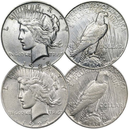 1925 & 1927 Peace Silver Dollar Pair Extra Fine