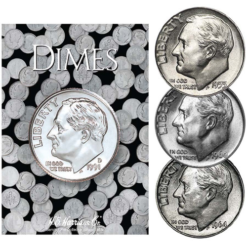 3 Different 1946-1964 Roosevelt Silver Dimes Brilliant Uncirculated with Folder