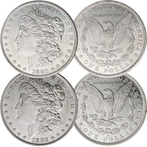 1880-O Micro O & 1882-O/S Morgan Silver Dollar Pair About Uncirculated