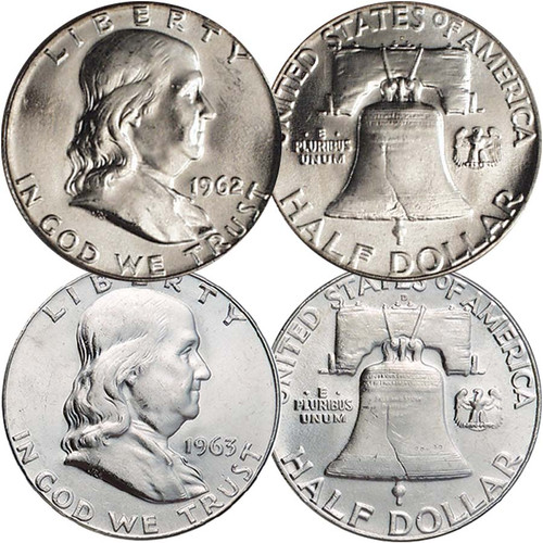 1962-D & 1963-D Franklin Silver Half Dollar Pair Brilliant Uncirculated