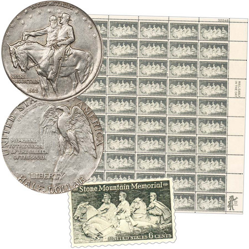 1925 Stone Mountain Silver Half Dollar Extra Fine & 1970 Stone Mountain 50 Stamp Mint Sheet