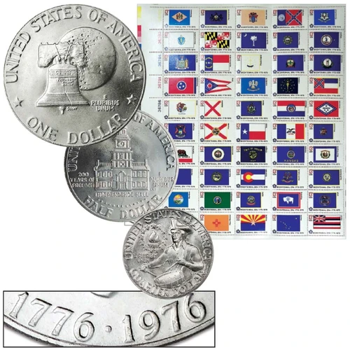 1976 Bicentennial Quarter, Half Dollar & Dollar BU Trio & 1976 Bicentennial State Flags 50-Stamp Mint Sheet