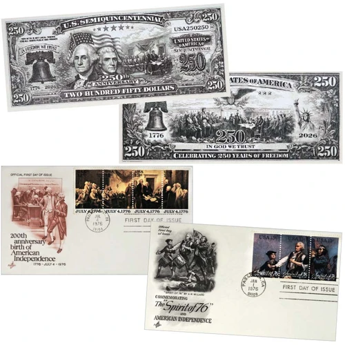 Semiquincentennial Novelty $250 Note & 1976 Bicentennial Se-Tenant First Day Cover Pair