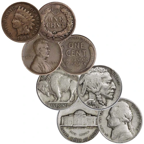 1909 Indian Head and Lincoln Plain Cent & 1938 Buffalo and Jefferson Nickel Pairs Good
