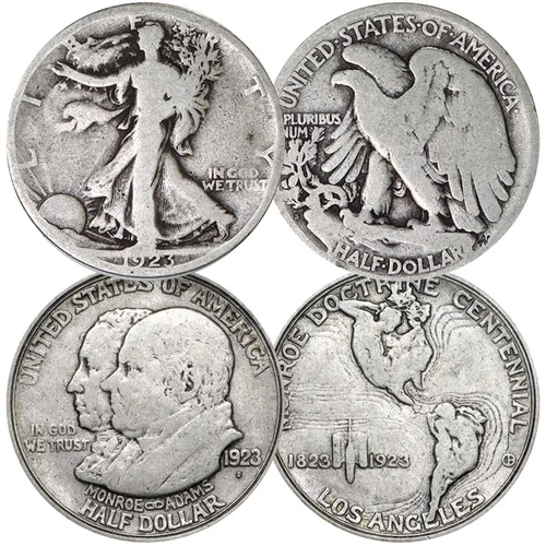 1923-S Walking Liberty Silver Half Dollar Good & 1923-S Monroe Doctrine Silver Half Dollar Fine