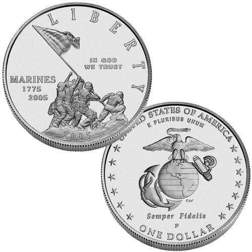 2005-P Marine Corp Silver Dollar Brilliant Uncirculated Image 1 2005-P Marine Corp Silver Dollar Brilliant Uncirculated Image 1