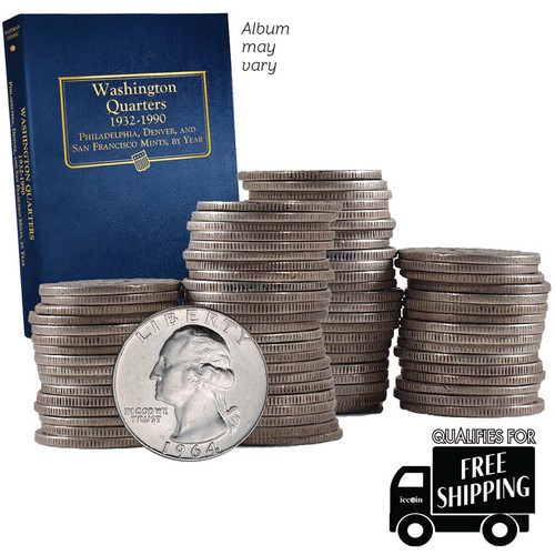 1932-1964 Washington Silver Quarter 83 Coin Complete Set with Album