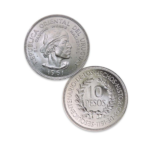 Uruguay 1961 El Gaucho Silver 10 Pesos Image 1
