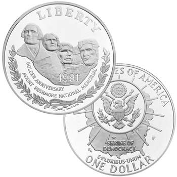 1991 Mount Rushmore Silver Dollar Brilliant Uncirculated