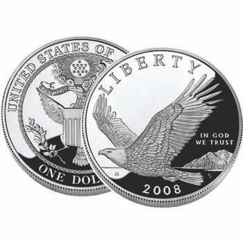 Pièce De 1$ US Bald Eagle 2008 – En Argent 900, Qualité Proof, Collection Commémorative