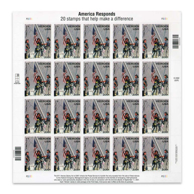 America Responds 2001 Heroes Postage Stamps - First-Responders WTC Twin Towers First-Class Mail Sheet Of 20