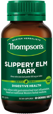 Contains Ulmus Rubra (Slippery Elm) Inner Stem Bark Powder, 800mg per chewable tablet