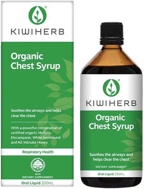 Kiwiherb Herbal Chest Syrup is a certified organic formula traditionally used to relieve coughs and support respiratory health formulated with Marshmallow Root, Mullein, White Horehound and Elecampane