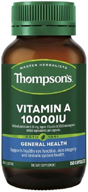 Thompson's Vitamin A Contains Retinyl palmitate, 10000 IU providing equiv. Retinol 3000 mcg per capsule, to help support healthy immunity and eye function