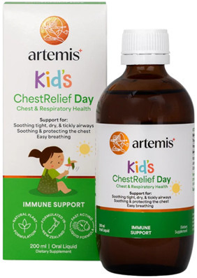 Artemis Kids Chest Relief Day Contains Marshmallow Root, Mullein, Plantain and Thyme, with a Delicious Apple, Orange and Liquorice Flavour