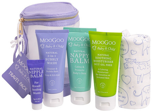 Each pack contains Mini Moo Bubbly Wash 100ml, Soothing MSM Cream 75g, Nappy Balm 75g, Nipple Cream 8g, cotton baby cloth.