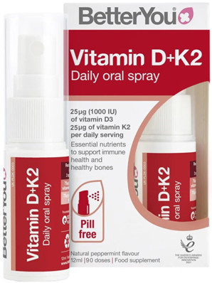 BetterYou DLux Vitamin D+K2 Daily Oral Spray provides both Vitamin D and Vitamin K2 which work synergistically with each other to ensure that calcium is directed out of the arteries and into the bones where it helps improve bone density