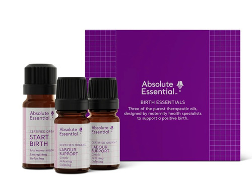 Each boxed set contains Absolute Essential Birth Time Calm (organic) 5ml, Absolute Essential Birth Time Start (organic) 10ml, Absolute Essential Maternity Labour Support (organic) 5ml
