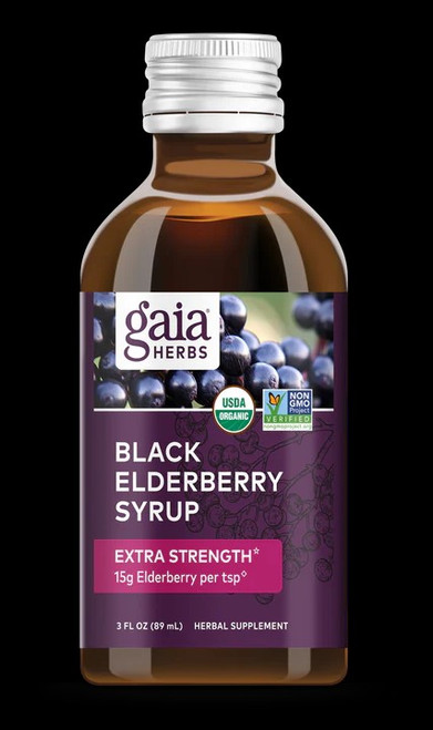 Gaia Black Elderberry Syrup Extra Strength syrup contains the equivalent of 14.5 g of fresh Elderberries per 5ml serve.