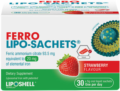 Liposhell Ferro Lipo-Sachets enhances iron absorption and reduces unwanted side effects as it contains liposomal iron enclosed in the patented LIPOSHELL® formula.