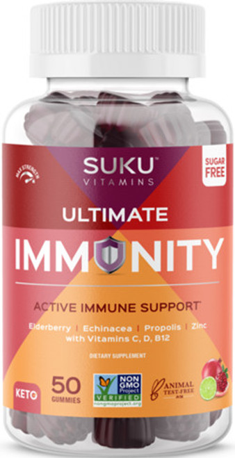 SUKU Ultimate Immunity Gummies are potent little immunity gummies, packed with immune-saving antioxidants including elderberry, echinacea, propolis, and vitamins and minerals to support immune function and cold symptoms relief, and symptoms of upper respiratory tract infections.