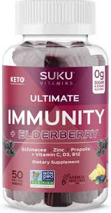 SUKU Ultimate Immunity Gummies are potent little immunity gummies, packed with immune-saving antioxidants including elderberry, echinacea, propolis, and vitamins and minerals to support immune function and cold symptoms relief, and symptoms of upper respiratory tract infections.