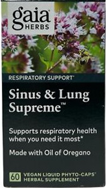 Gaia Herbs Sinus & Lung Supreme provides Oil of Oregano, Yarrow, Plantain, and Chinese Skullcap, with other synergistic herbal ingredients to support respiratory health