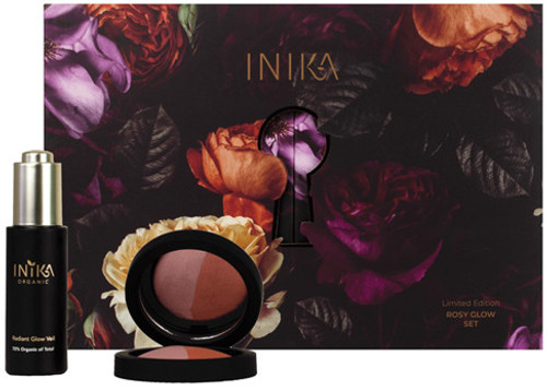 INIKA Rosy Glow Set contains Radiant Glow Veil, which doubles as a hydrating primer and finishing illuminisor, with INIKA'S highly pigmented baked blush.