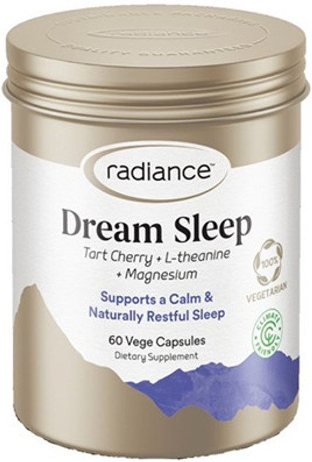 Radiance™ Dream Sleep contains Tart Cherry to support effective and deep sleep, Magnesium for muscle relaxation and the amino acid L-theanine helps calm the mind and relax the body.